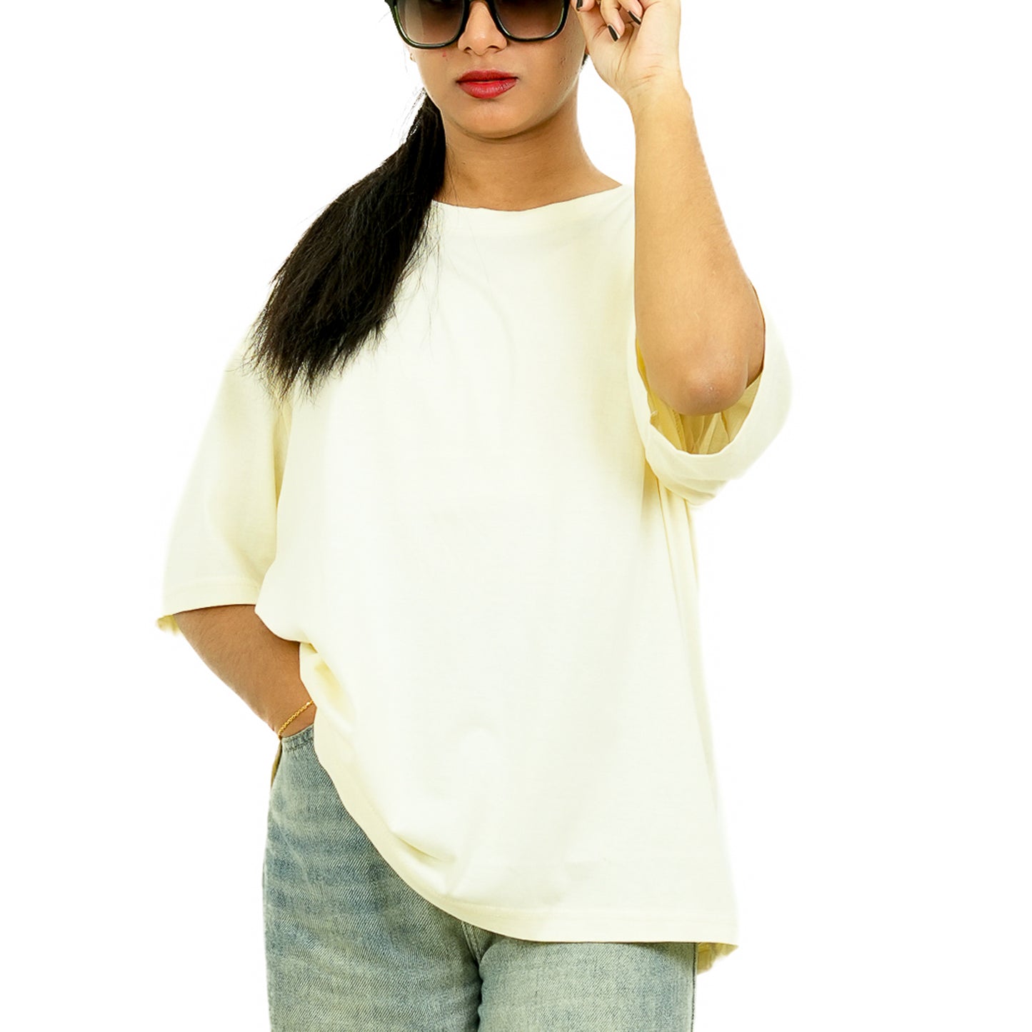 Light Cream Solid Oversized T-Shirt